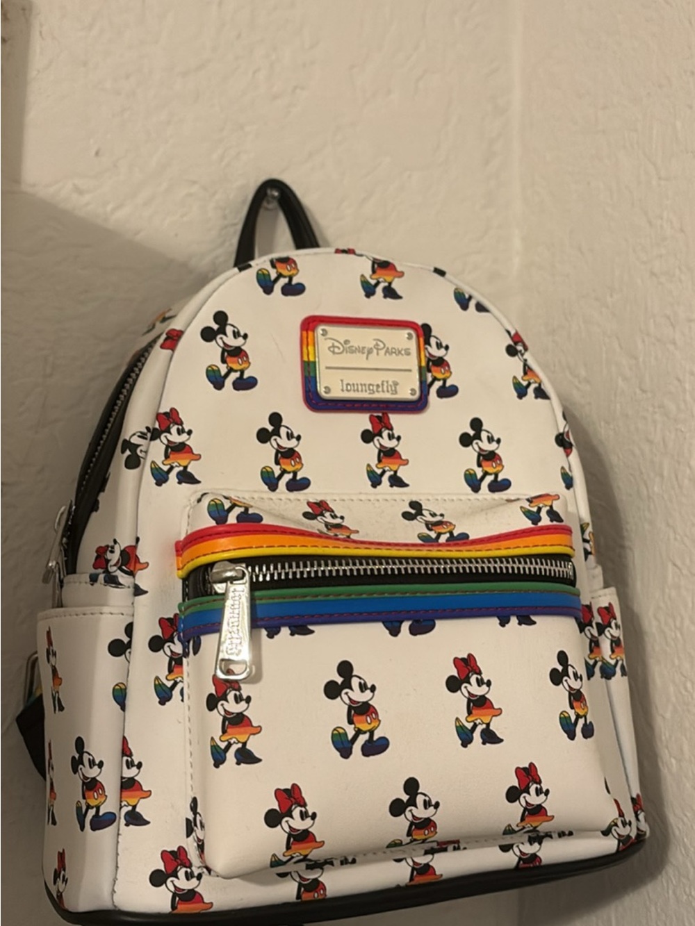 Loungefly White Mini Backpack with Rainbow Zipper & Mickey & Minnie Print
